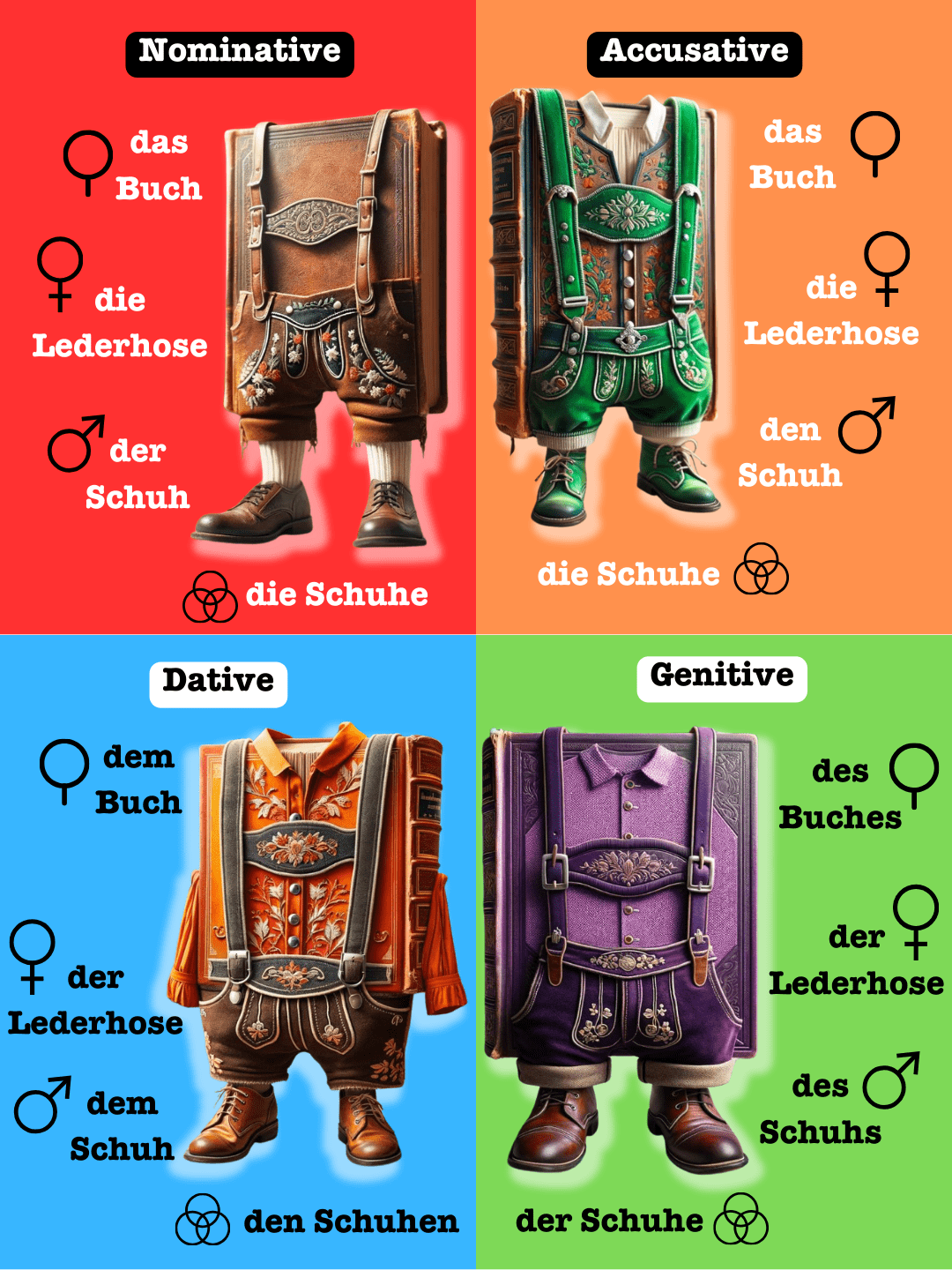 Infographic depicting the four German cases as different colors of Lederhose worn by a book, with gender symbols for masculine, feminine, neuter and plural.